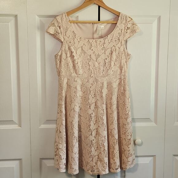 Emma & Michele Cream/Light Taupe Lace Overlay Cap Sleeve Dress Size 8 Skater - Picture 1 of 12